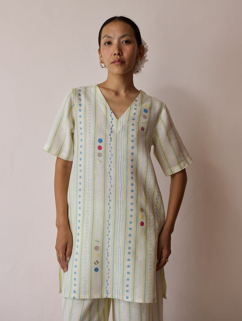 Selle Linen Stripe Applique Kurta-Ivory linen tunics/kaftan by Manan in ivory for women in Singapore