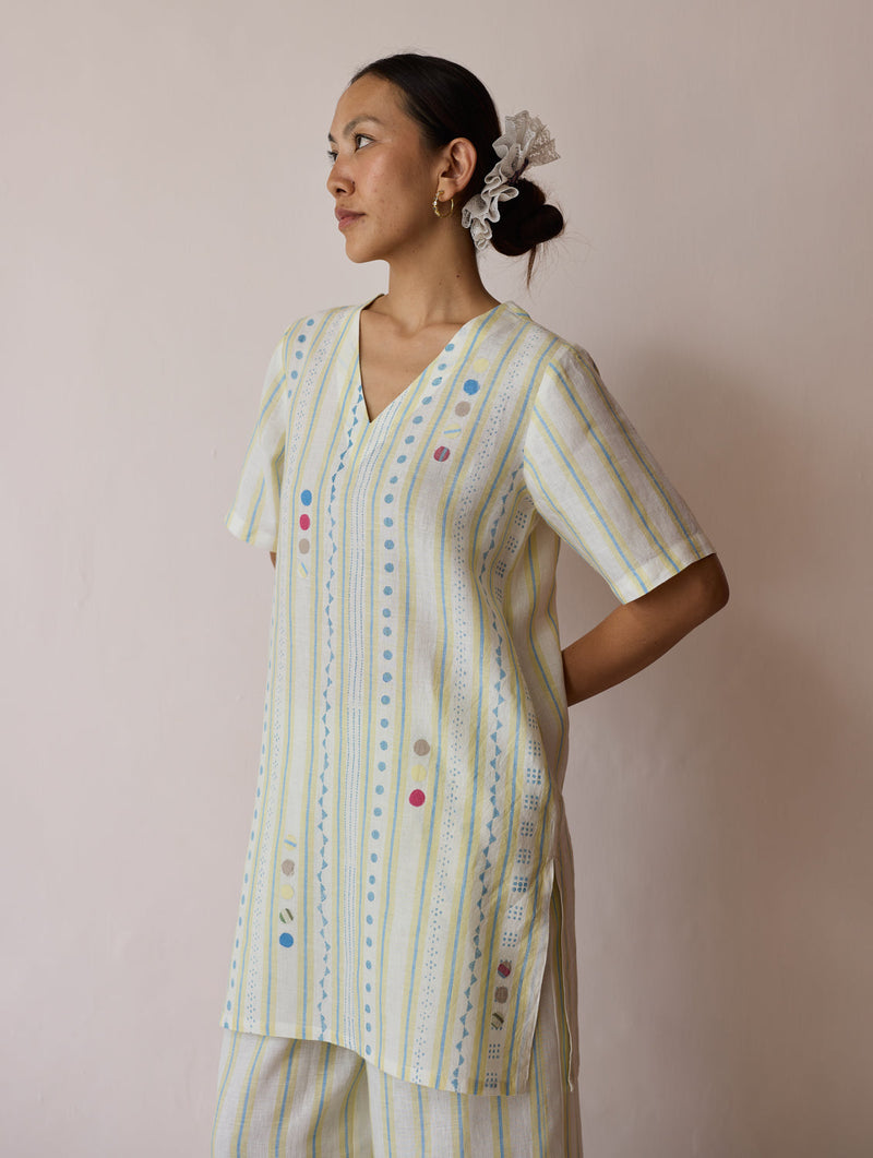 Selle Linen Stripe Applique Kurta-Ivory linen tunics/kaftan by Manan in ivory for women in Singapore