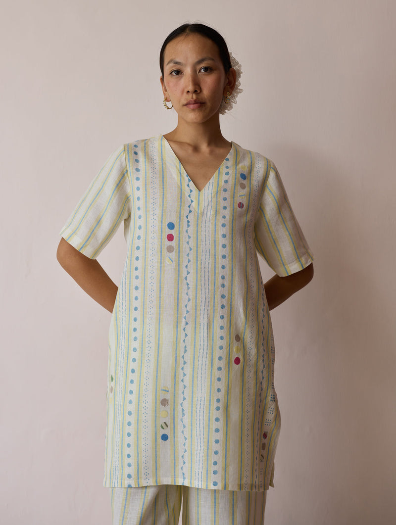 Selle Linen Applique Kurta Set-Ivory linen co-ord set by Manan in ivory for women in Singapore