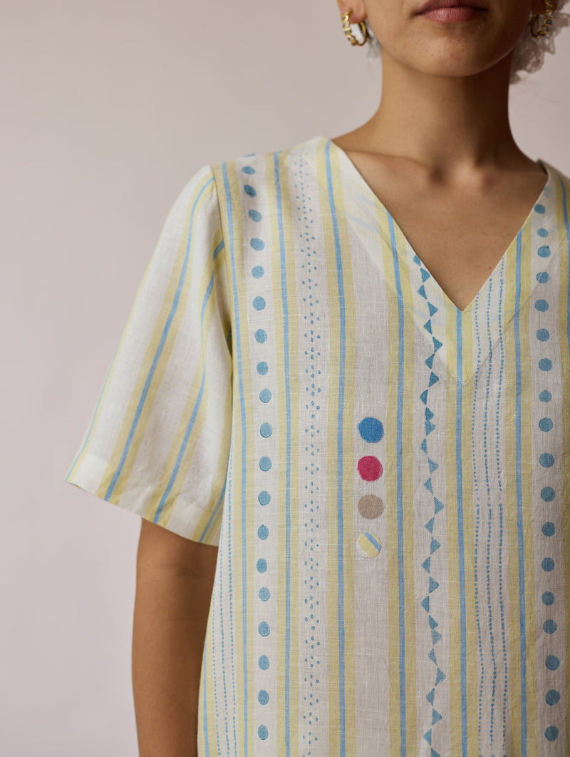 Selle Linen Stripe Applique Kurta-Ivory linen tunics/kaftan by Manan in ivory for women in Singapore