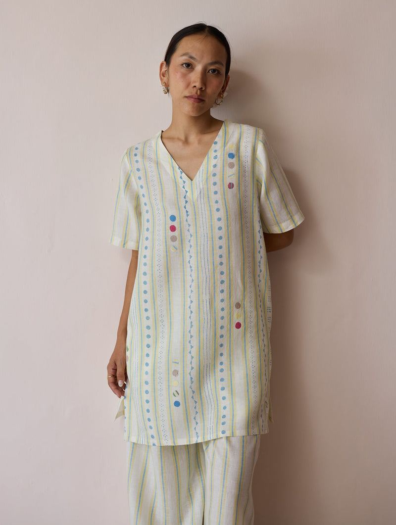 Selle Linen Stripe Applique Kurta-Ivory linen tunics/kaftan by Manan in ivory for women in Singapore