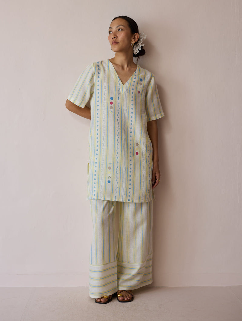 Selle Linen Applique Kurta Set-Ivory linen co-ord set by Manan in ivory for women in Singapore