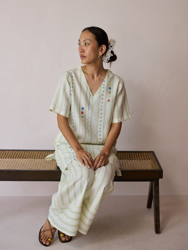 Selle Linen Applique Kurta Set-Ivory linen co-ord set by Manan in ivory for women in Singapore