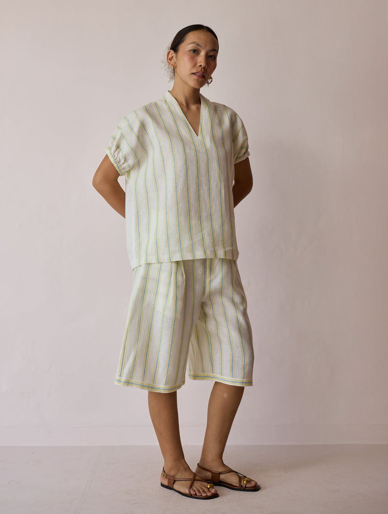 Ena Stripe Linen Jorts-Ivory linen short by Manan in ivory for women in Singapore