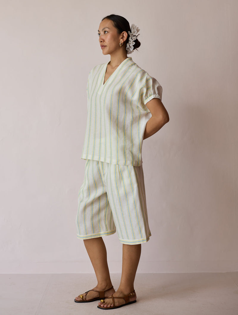 Ena Stripe Linen Jorts-Ivory linen short by Manan in ivory for women in Singapore