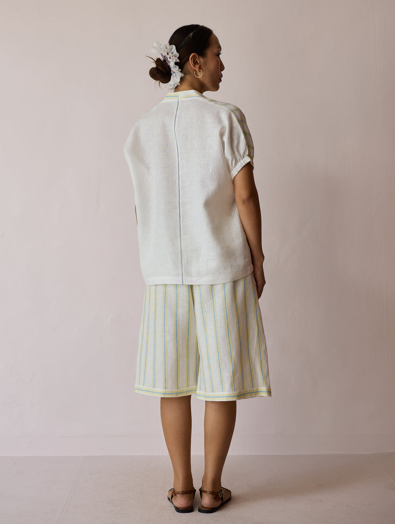 Ena Stripe Linen Jorts-Ivory linen short by Manan in ivory for women in Singapore