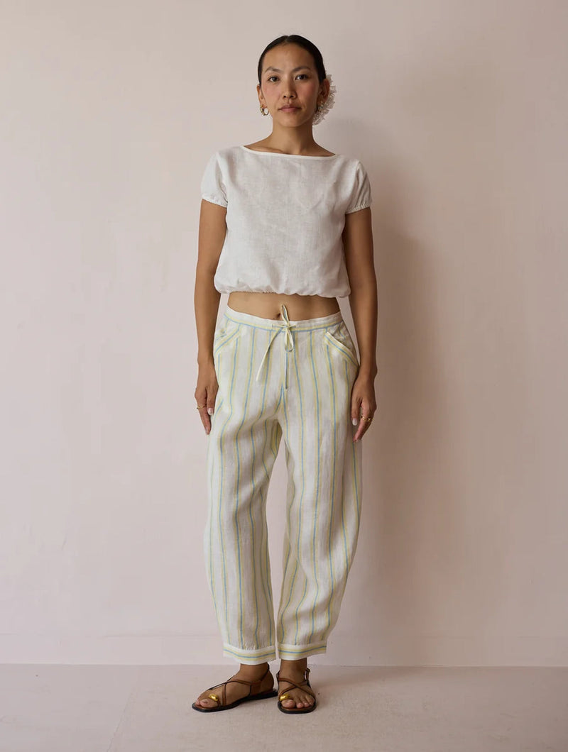 Terra Pleated Hem Stripe Linen Pants-Ivory linen pant/trouser by Manan in ivory for women in Singapore
