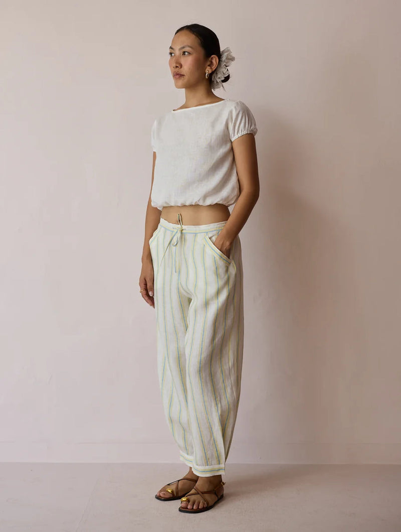 Terra Pleated Hem Stripe Linen Pants-Ivory linen pant/trouser by Manan in ivory for women in Singapore