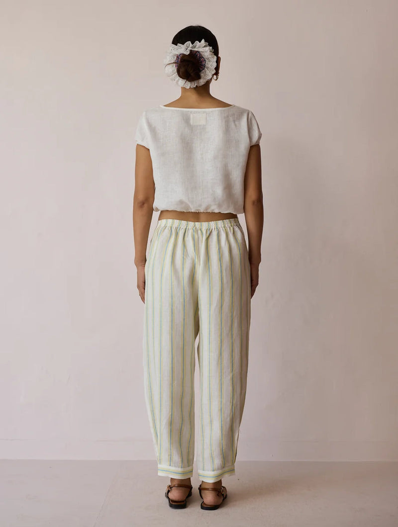 Terra Pleated Hem Stripe Linen Pants-Ivory linen pant/trouser by Manan in ivory for women in Singapore