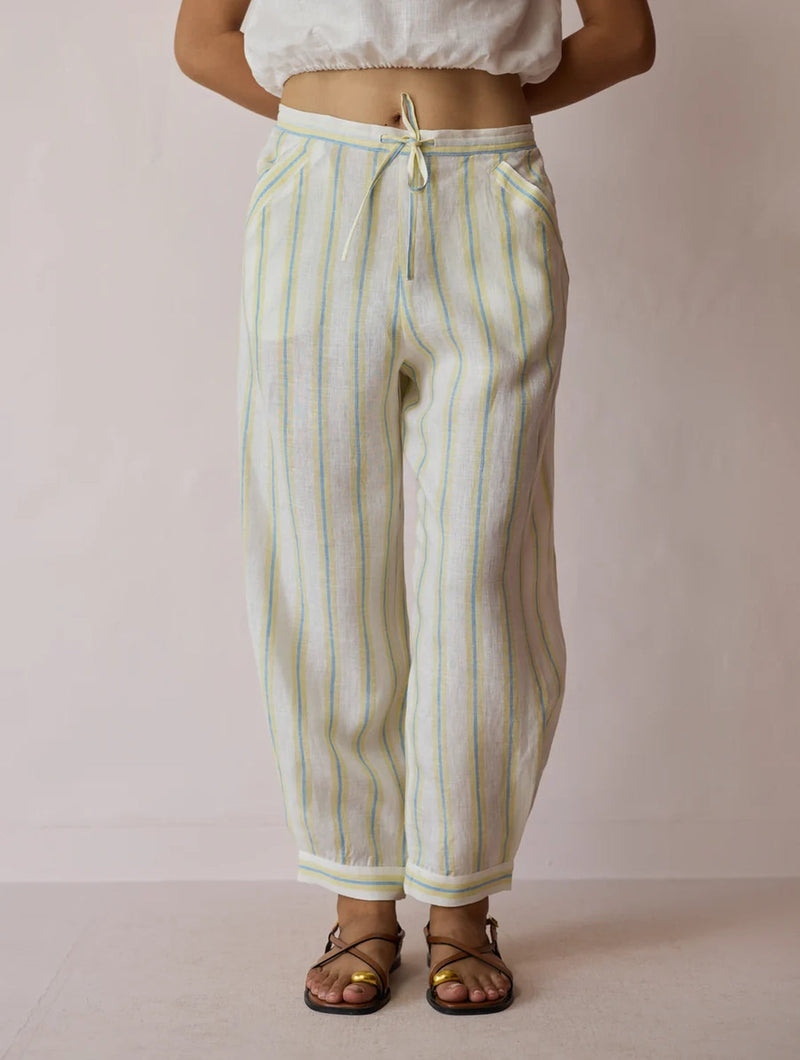 Terra Pleated Hem Stripe Linen Pants-Ivory linen pant/trouser by Manan in ivory for women in Singapore