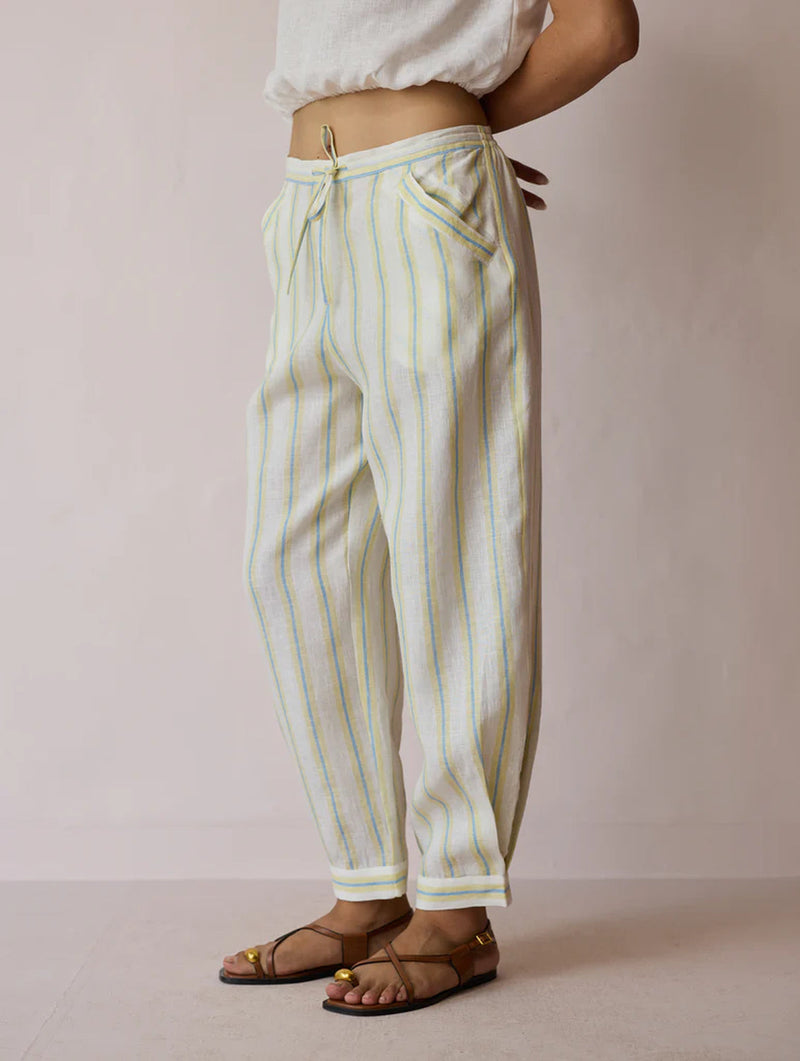 Terra Pleated Hem Stripe Linen Pants-Ivory linen pant/trouser by Manan in ivory for women in Singapore