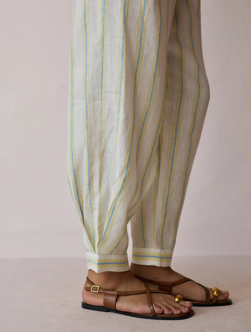 Terra Pleated Hem Stripe Linen Pants-Ivory linen pant/trouser by Manan in ivory for women in Singapore