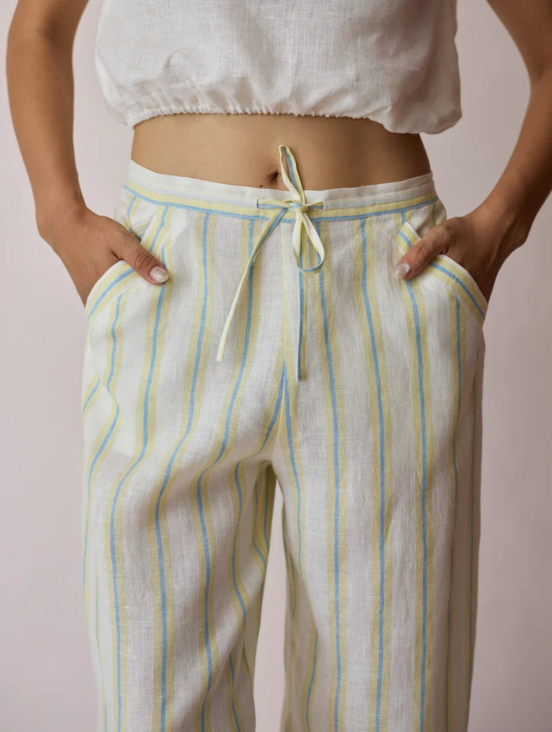 Terra Pleated Hem Stripe Linen Pants-Ivory linen pant/trouser by Manan in ivory for women in Singapore