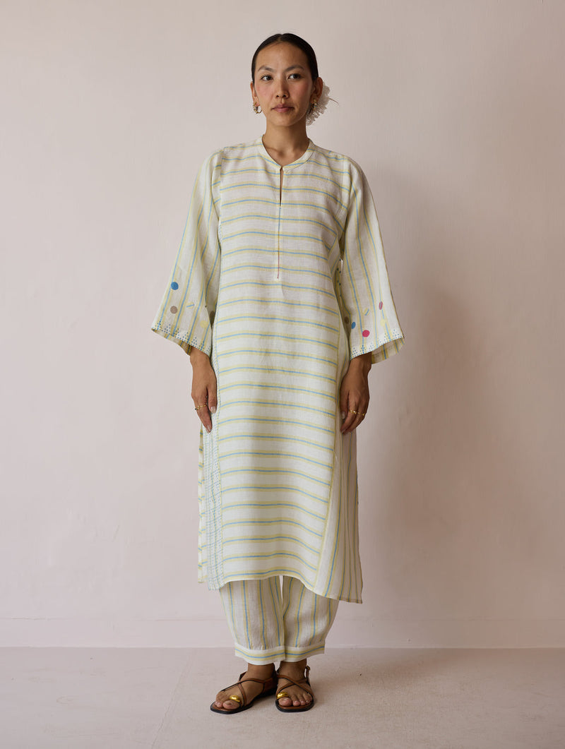Parvee Block-Printed Linen Kurta Set-Ivory linen light kurta set by Manan in ivory for women in Singapore