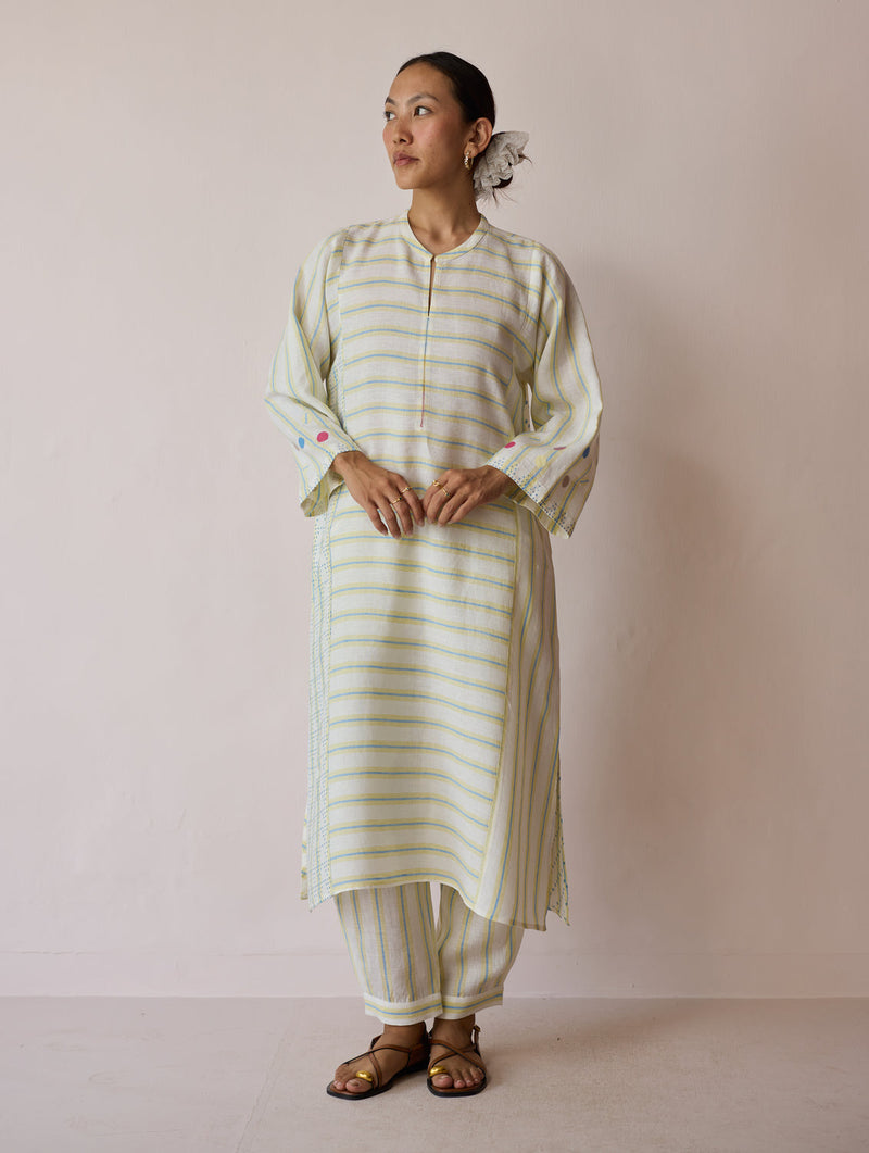 Parvee Block-Printed Linen Kurta Set-Ivory linen light kurta set by Manan in ivory for women in Singapore