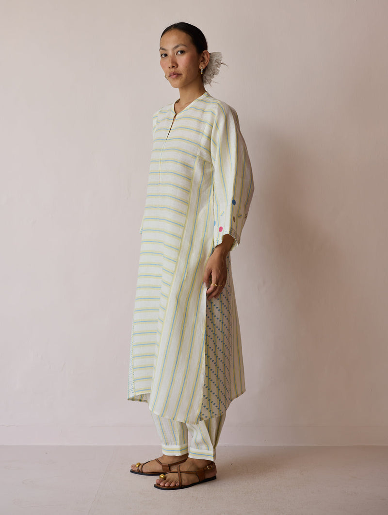 Parvee Block-Printed Linen Kurta Set-Ivory linen light kurta set by Manan in ivory for women in Singapore