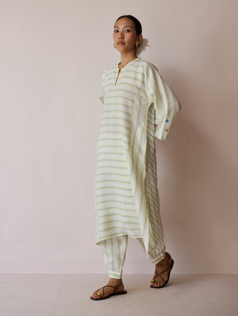 Parvee Block-Printed Linen Kurta Set-Ivory linen light kurta set by Manan in ivory for women in Singapore