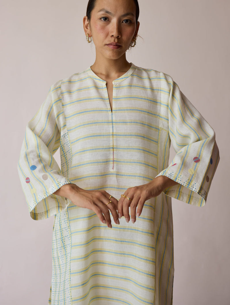 Parvee Block-Printed Linen Angrakha Kurta-Ivory linen tunics/kaftan by Manan in ivory for women in Singapore