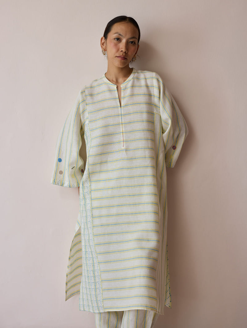Parvee Block-Printed Linen Kurta Set-Ivory linen light kurta set by Manan in ivory for women in Singapore