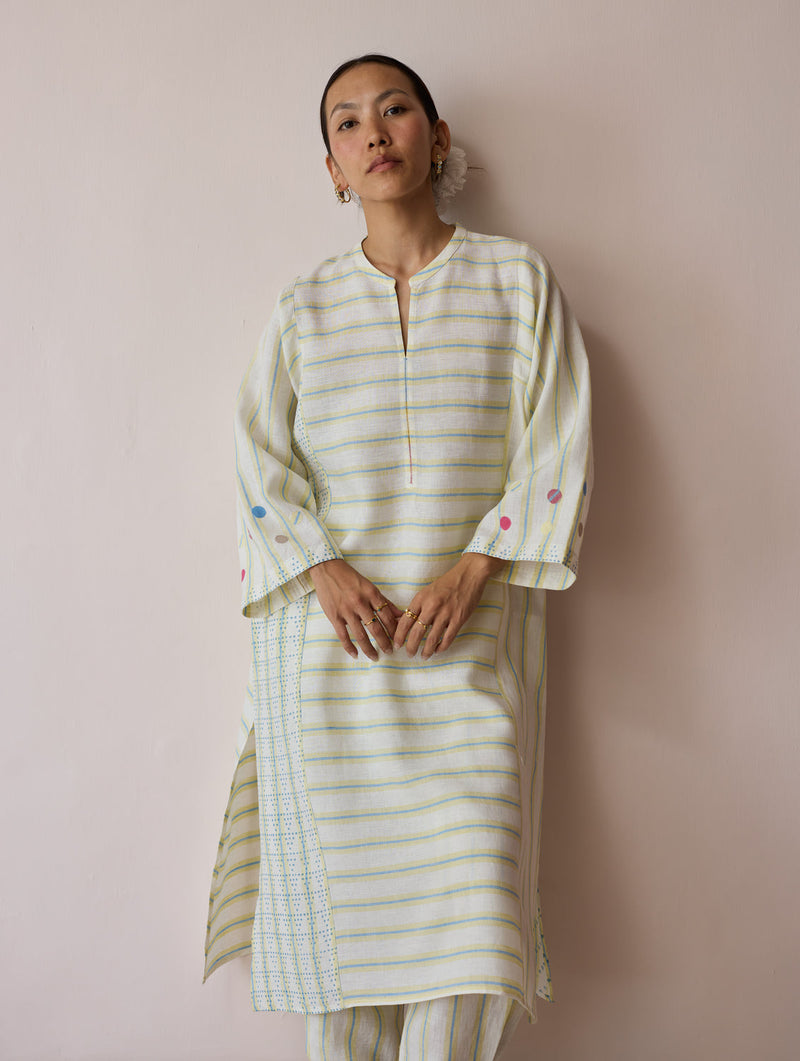 Parvee Block-Printed Linen Angrakha Kurta-Ivory linen tunics/kaftan by Manan in ivory for women in Singapore
