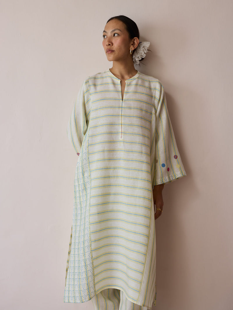Parvee Block-Printed Linen Angrakha Kurta-Ivory linen tunics/kaftan by Manan in ivory for women in Singapore
