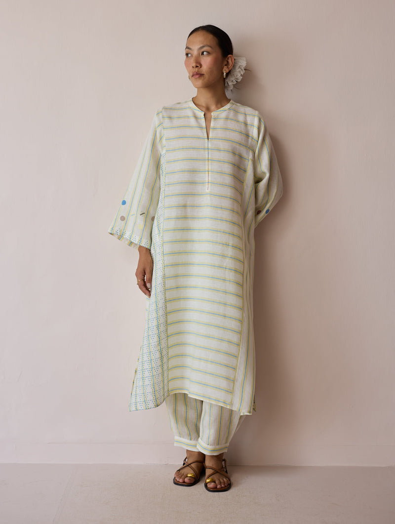 Parvee Block-Printed Linen Angrakha Kurta-Ivory linen tunics/kaftan by Manan in ivory for women in Singapore