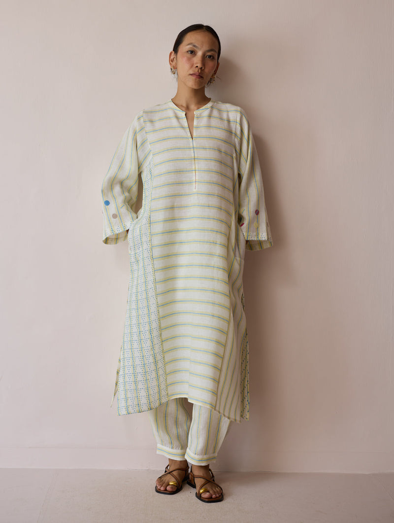 Parvee Block-Printed Linen Angrakha Kurta-Ivory linen tunics/kaftan by Manan in ivory for women in Singapore
