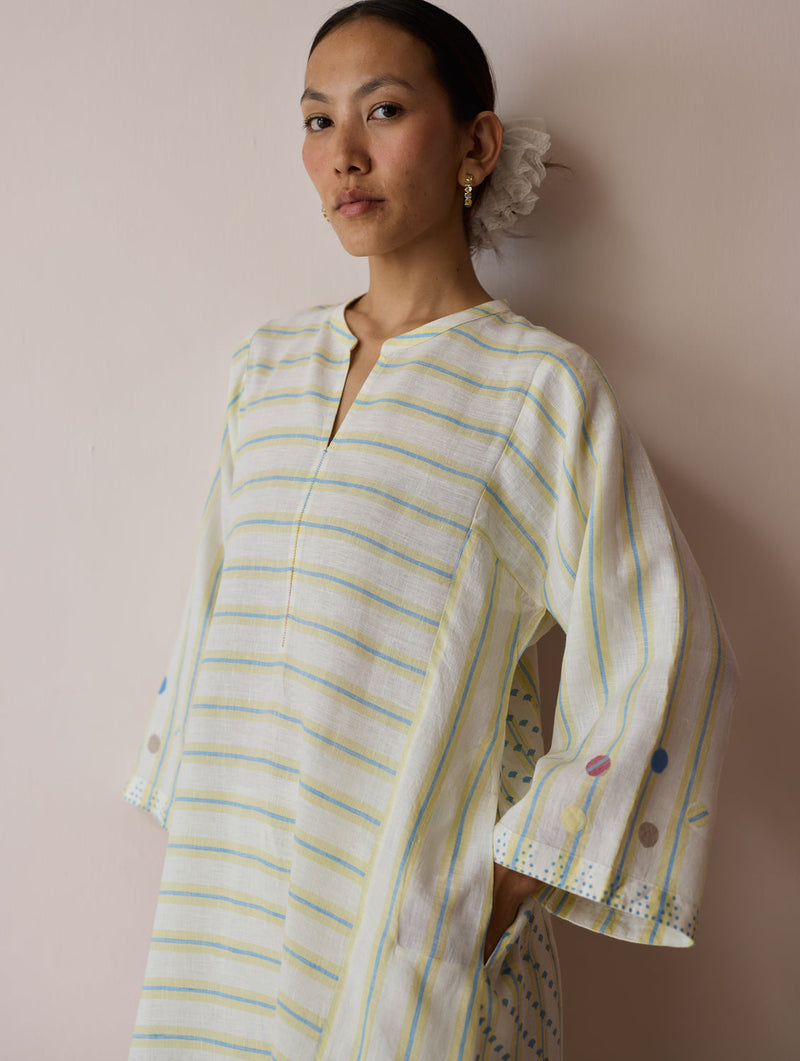 Parvee Block-Printed Linen Kurta Set-Ivory linen light kurta set by Manan in ivory for women in Singapore