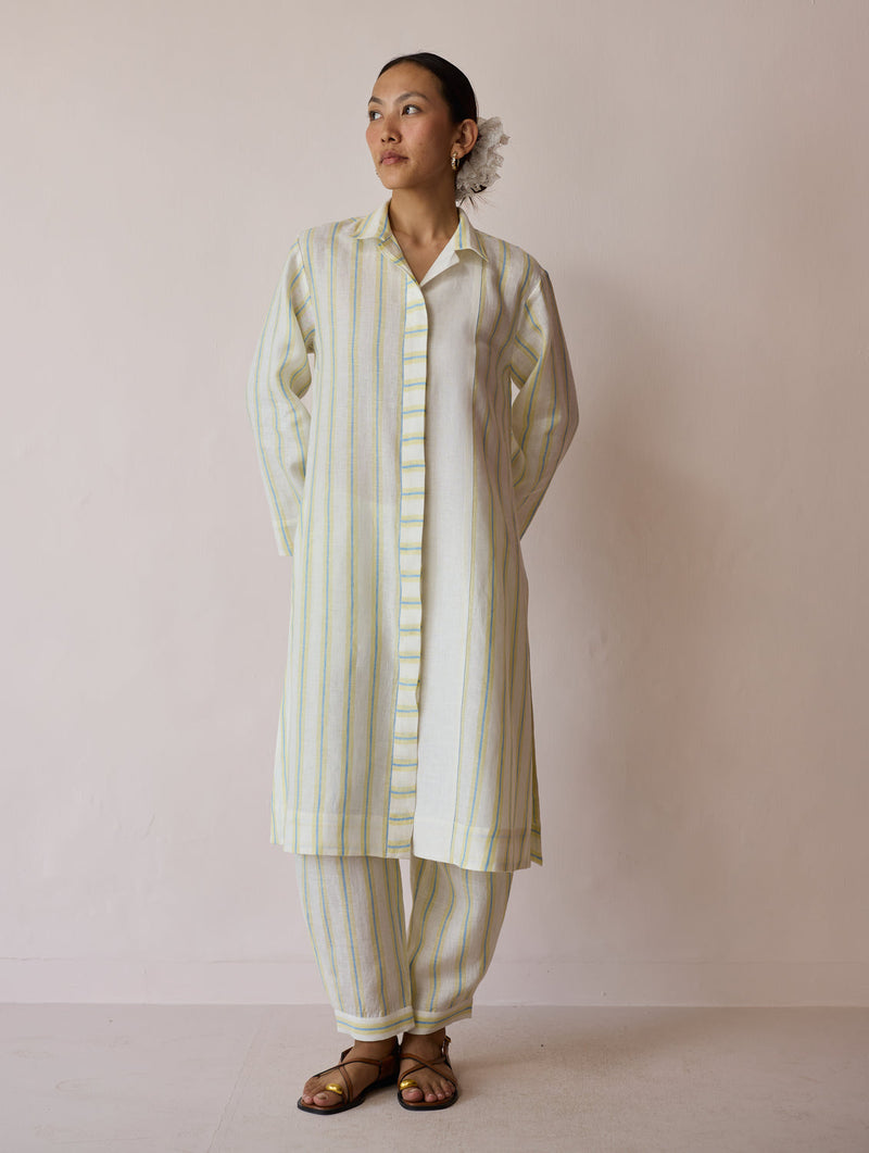 Joana Patchwork Stripe Linen Shirt Kurta-Ivory linen tunics/kaftan by Manan in ivory for women in Singapore