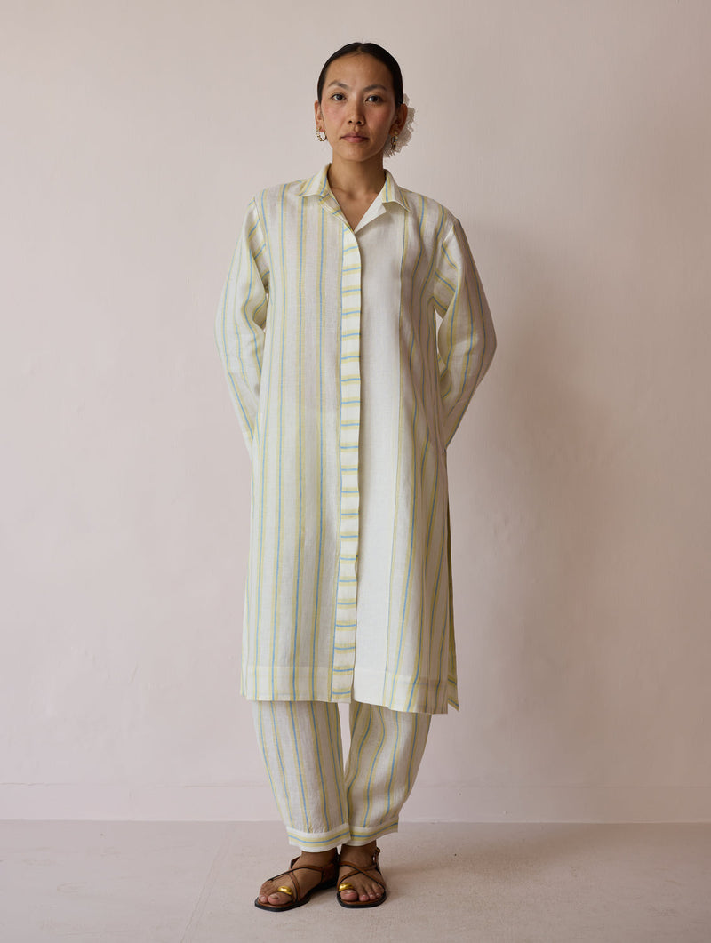 Joana Patchwork Stripe Linen Kurta Sets-Ivory linen light kurta set by Manan in ivory for women in Singapore