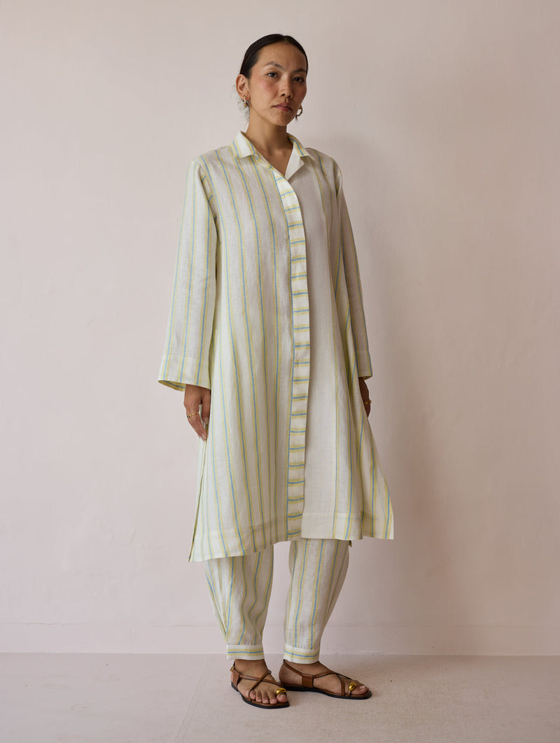Joana Patchwork Stripe Linen Kurta Sets-Ivory linen light kurta set by Manan in ivory for women in Singapore