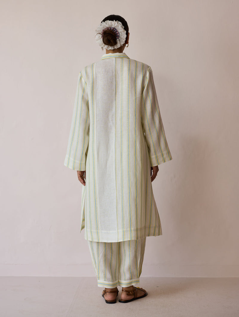 Joana Patchwork Stripe Linen Shirt Kurta-Ivory linen tunics/kaftan by Manan in ivory for women in Singapore