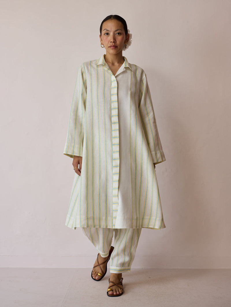 Joana Patchwork Stripe Linen Kurta Sets-Ivory linen light kurta set by Manan in ivory for women in Singapore