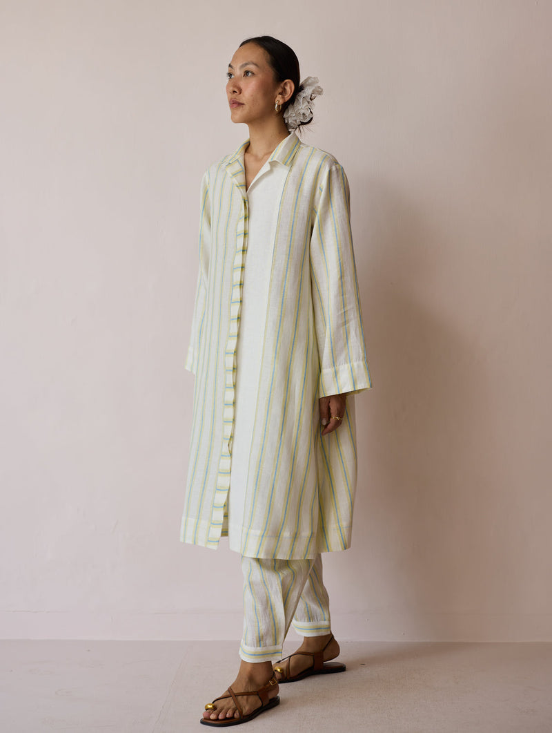 Joana Patchwork Stripe Linen Kurta Sets-Ivory linen light kurta set by Manan in ivory for women in Singapore