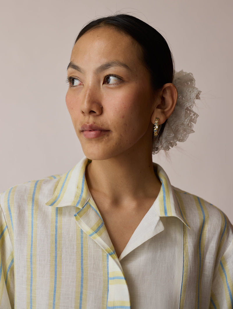 Joana Patchwork Stripe Linen Shirt Kurta-Ivory linen tunics/kaftan by Manan in ivory for women in Singapore