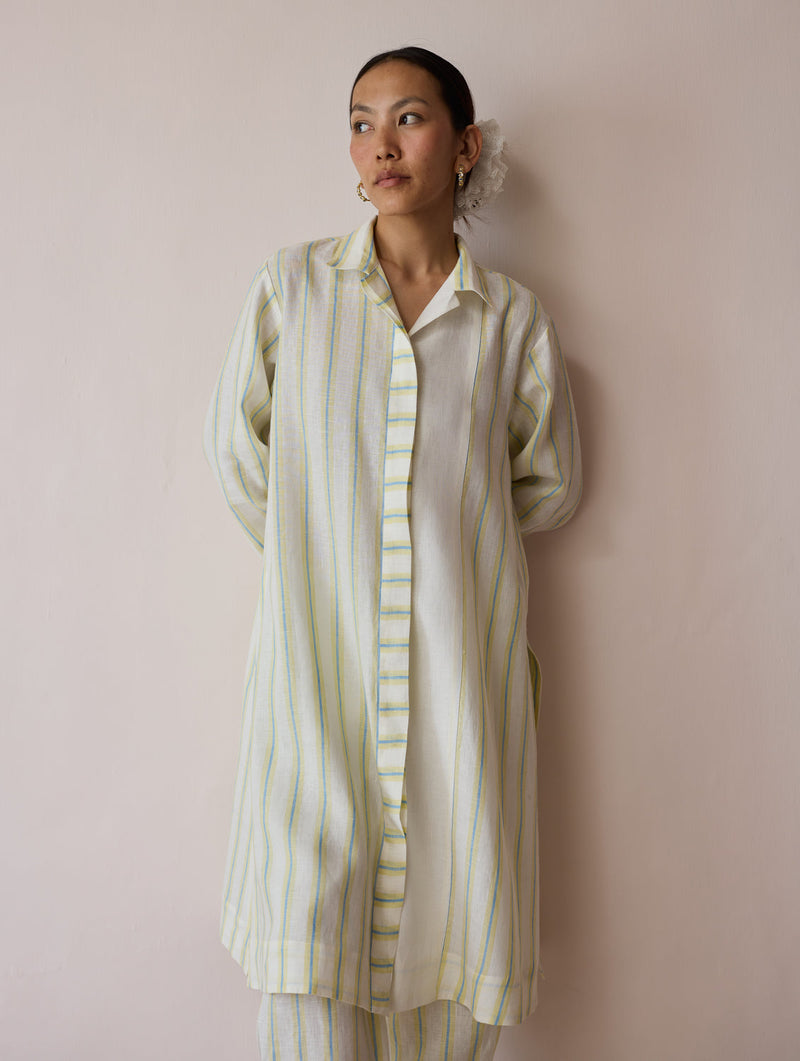 Joana Patchwork Stripe Linen Kurta Sets-Ivory linen light kurta set by Manan in ivory for women in Singapore