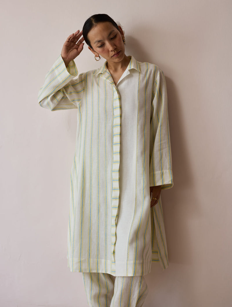 Joana Patchwork Stripe Linen Shirt Kurta-Ivory linen tunics/kaftan by Manan in ivory for women in Singapore