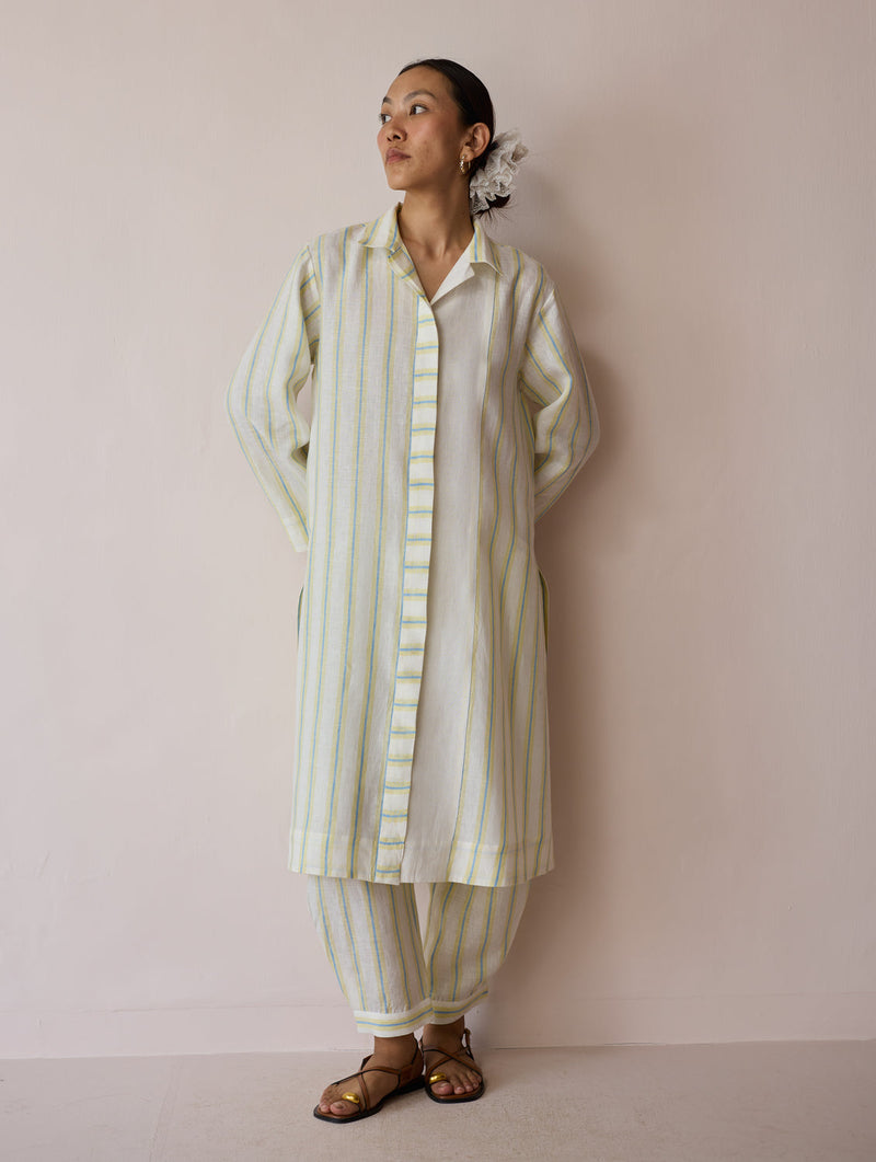 Joana Patchwork Stripe Linen Kurta Sets-Ivory linen light kurta set by Manan in ivory for women in Singapore