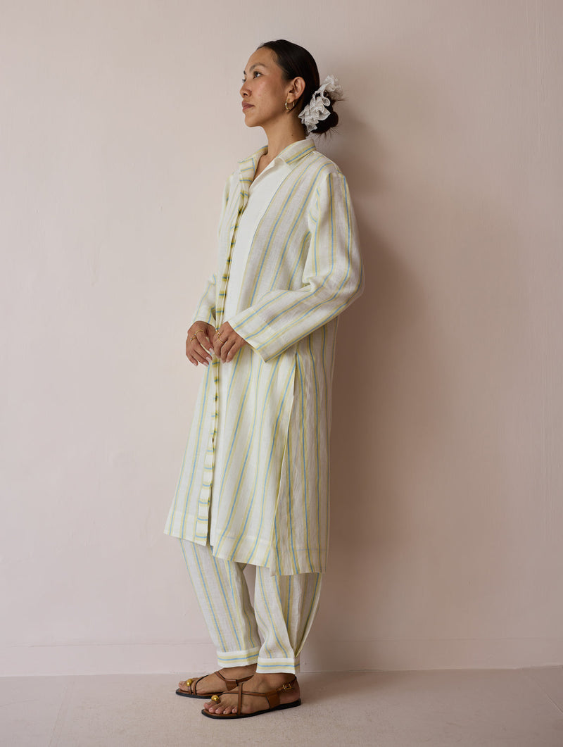 Joana Patchwork Stripe Linen Kurta Sets-Ivory linen light kurta set by Manan in ivory for women in Singapore