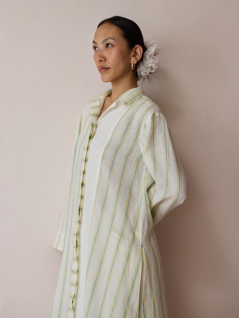 Joana Patchwork Stripe Linen Kurta Sets-Ivory linen light kurta set by Manan in ivory for women in Singapore