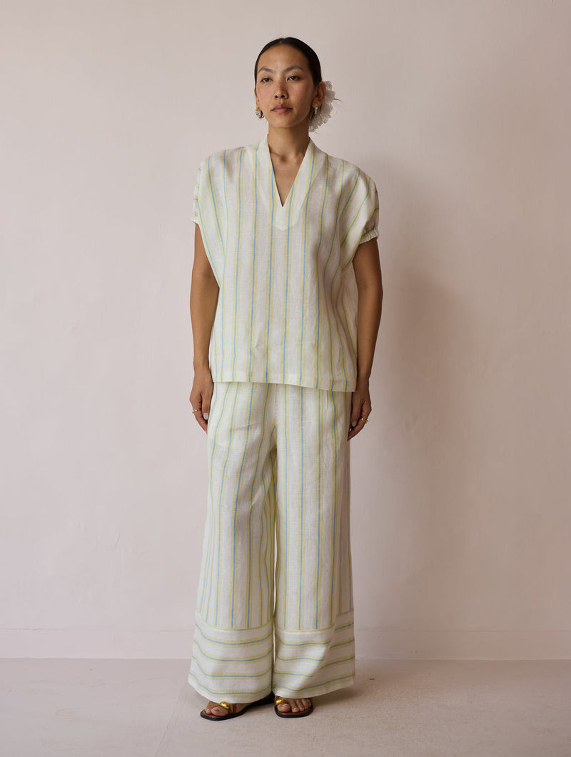 Anne V-Neck Stripe Linen Co-ord-Ivory linen co-ord set by Manan in ivory for women in Singapore