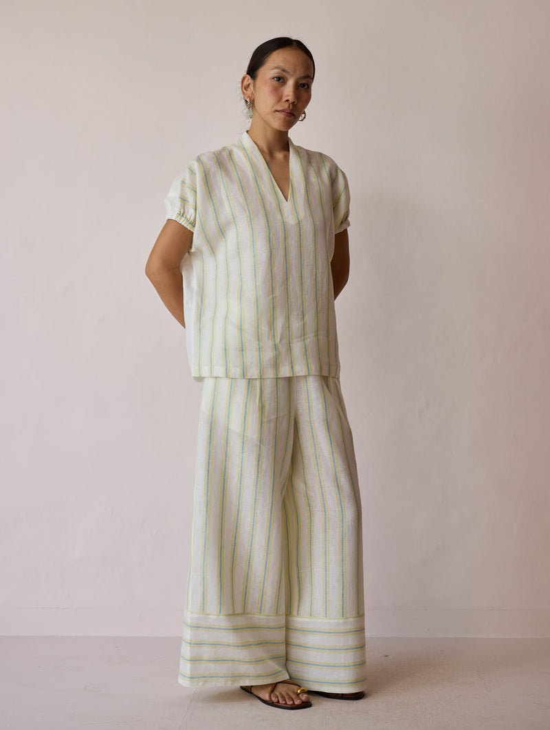 Anne V-Neck Stripe Linen Top-Ivory linen top/shirt by Manan in ivory for women in Singapore