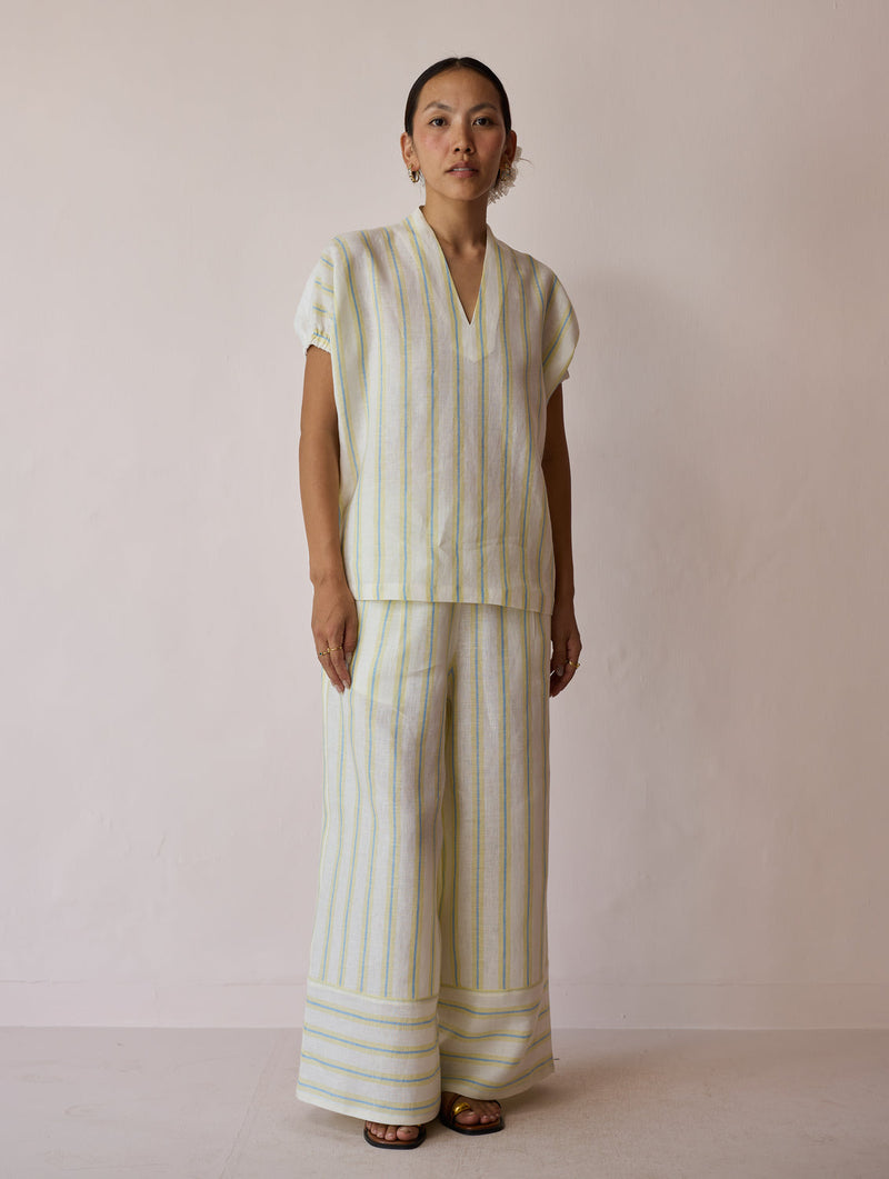 Anne V-Neck Stripe Linen Co-ord-Ivory linen co-ord set by Manan in ivory for women in Singapore