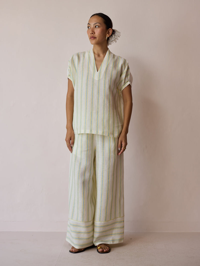 Anne V-Neck Stripe Linen Top-Ivory linen top/shirt by Manan in ivory for women in Singapore