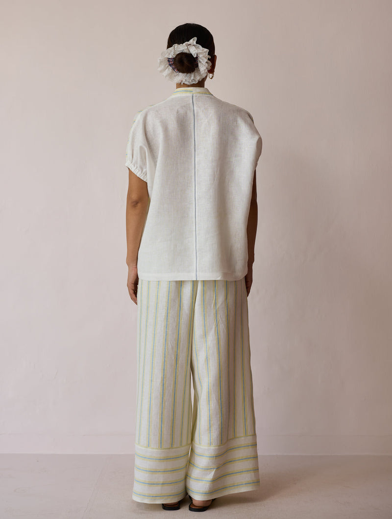 Anne V-Neck Stripe Linen Top-Ivory linen top/shirt by Manan in ivory for women in Singapore