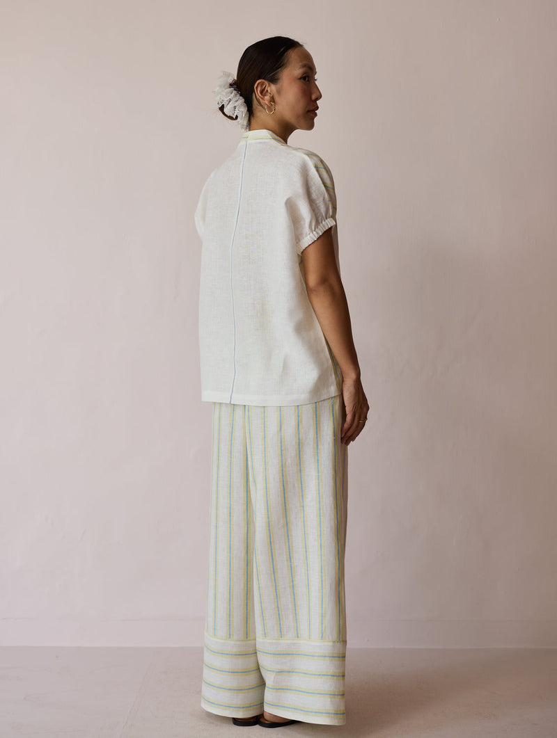 Anne V-Neck Stripe Linen Co-ord-Ivory linen co-ord set by Manan in ivory for women in Singapore