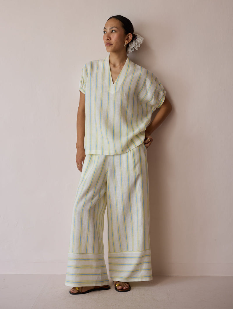 Anne V-Neck Stripe Linen Top-Ivory linen top/shirt by Manan in ivory for women in Singapore