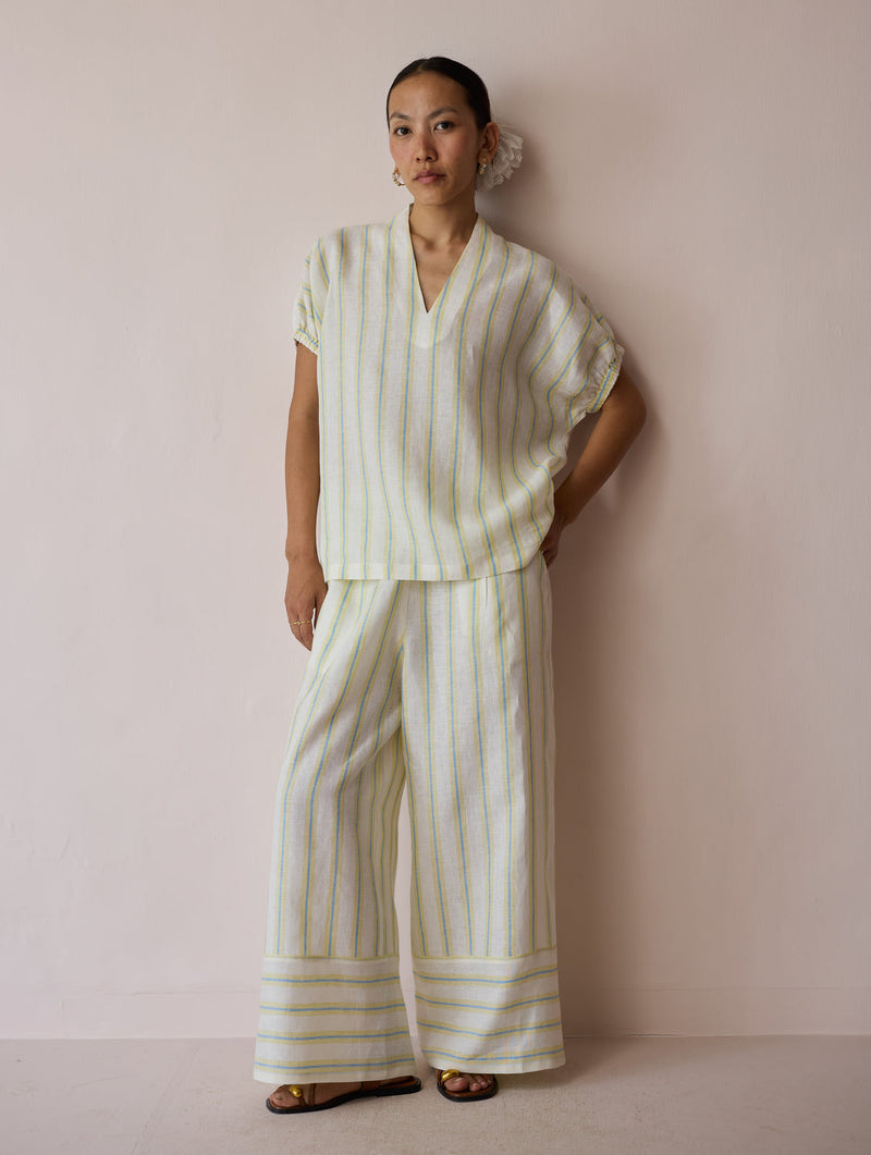 Anne V-Neck Stripe Linen Co-ord-Ivory linen co-ord set by Manan in ivory for women in Singapore