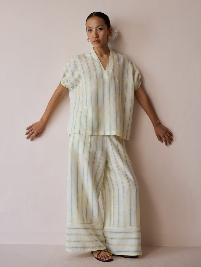 Anne V-Neck Stripe Linen Co-ord-Ivory linen co-ord set by Manan in ivory for women in Singapore