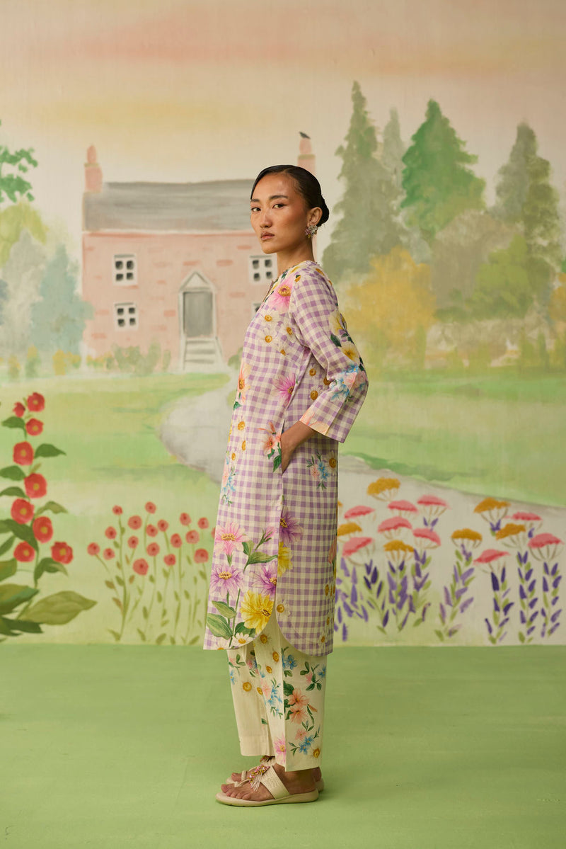 Lilac Daisy Mid Kurta Set cotton co-ord set by Nadiya Paar in lilac for women in Singapore